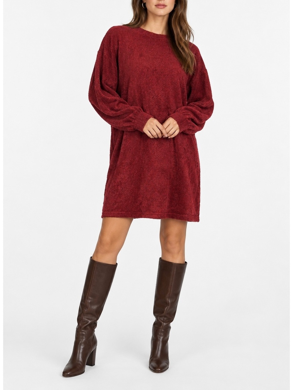 Elizabeth and James Burgundy Velour Knit Sweater Mini Dress Long Sleeve Size L